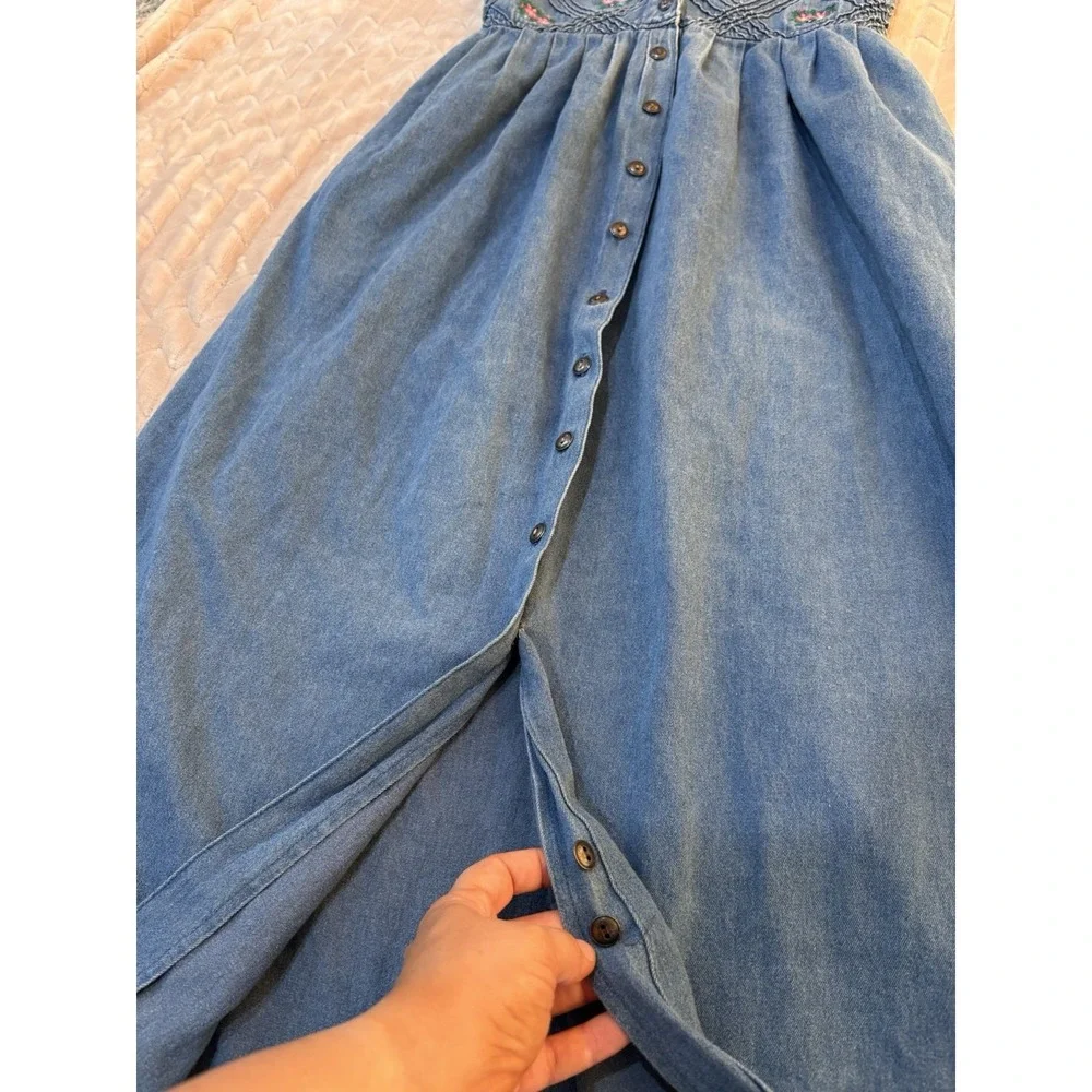 Vtg 90s Cottagecore Denim Maxi Dress Floral Embroidered Smocked Coquette L - Picture 9 of 13